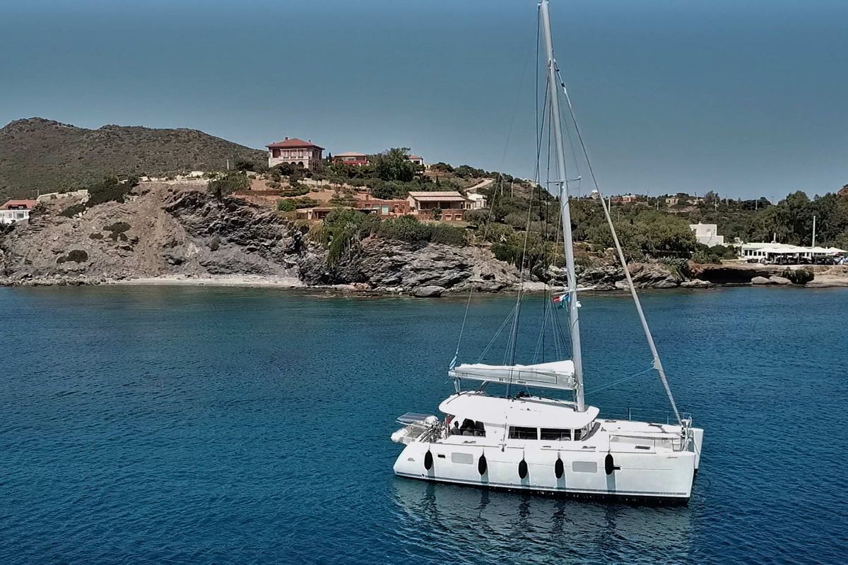 Exterior view of Aurora, a Lagoon 400 catamaran at Athens, Greece