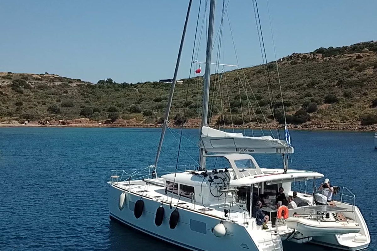 Exterior view of Aurora, a Lagoon 400 catamaran at Athens, Greece