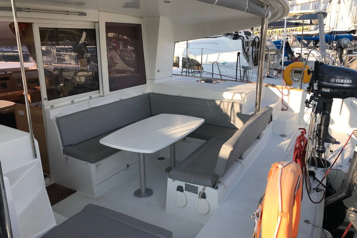 Deck of Aurora, a Lagoon 400 catamaran at Athens, Greece
