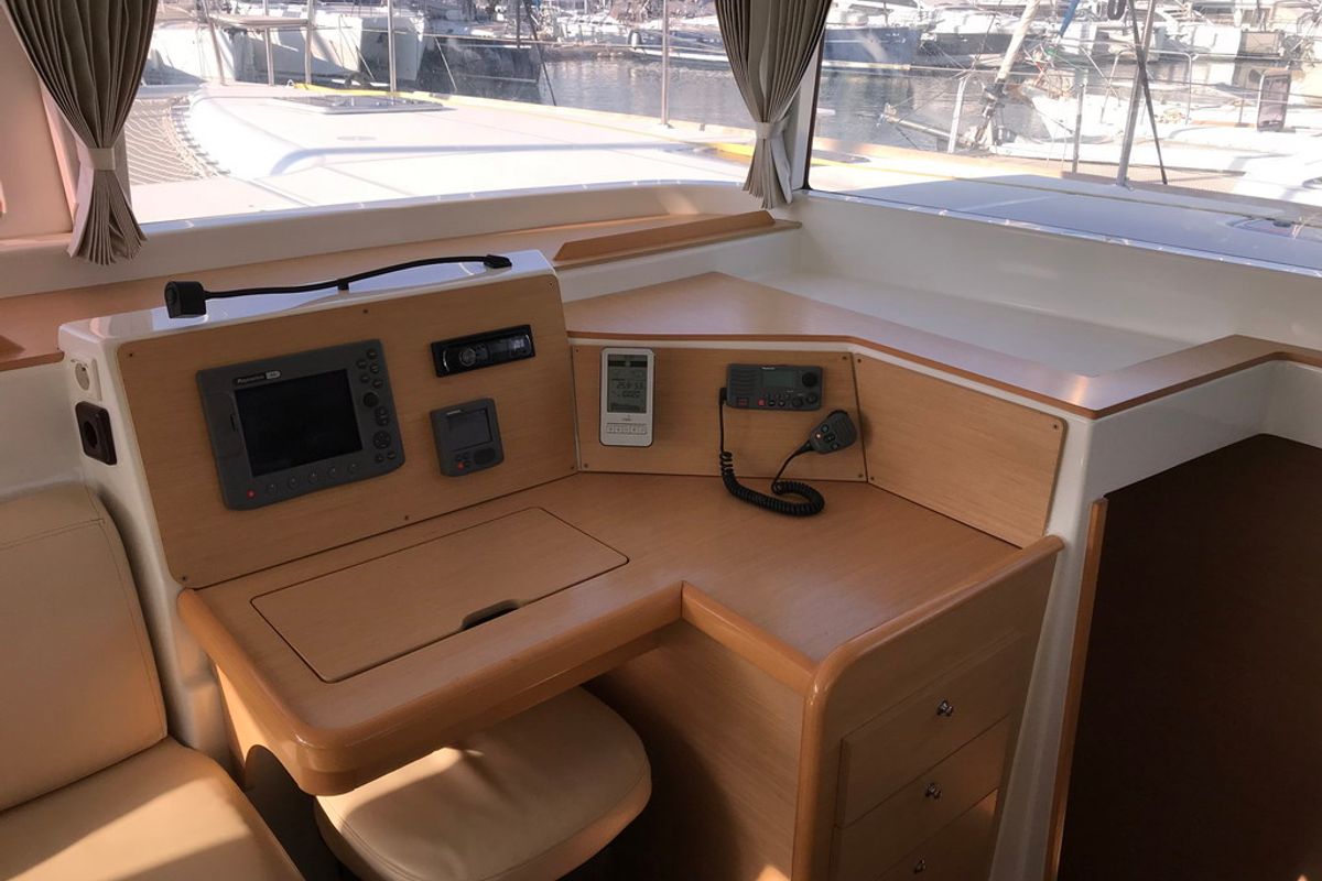 Cockpit of Aurora, a Lagoon 400 catamaran at Athens, Greece