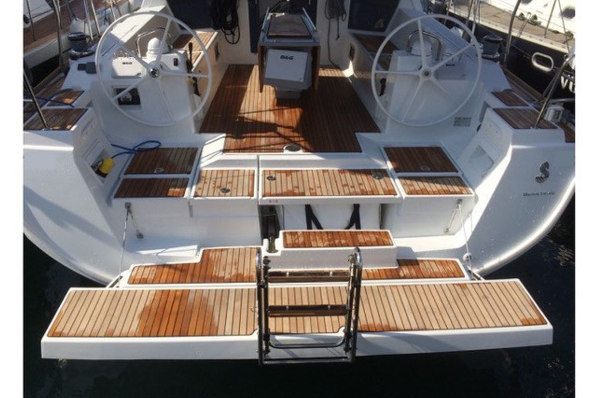 Deck of Sharel, a Beneteau Oceanis 48 sailboat at La Spezia, Italy