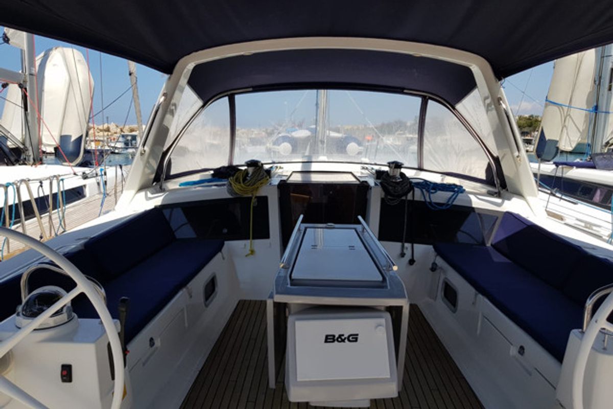 Cockpit of Sharel, a Beneteau Oceanis 48 sailboat at La Spezia, Italy