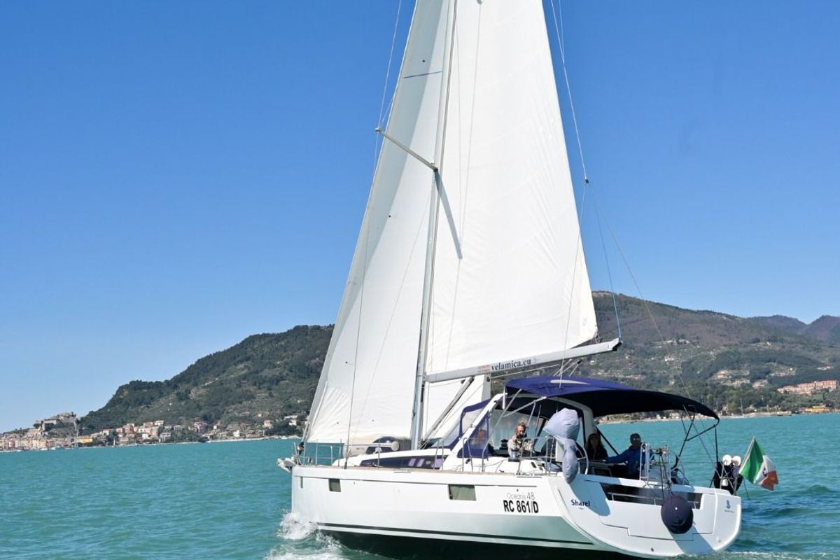 Exterior view of Sharel, a Beneteau Oceanis 48 sailboat at La Spezia, Italy