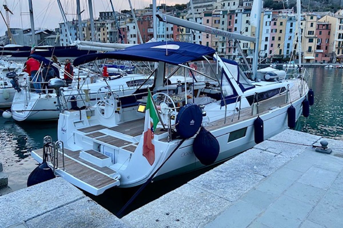 Exterior view of Sharel, a Beneteau Oceanis 48 sailboat at La Spezia, Italy