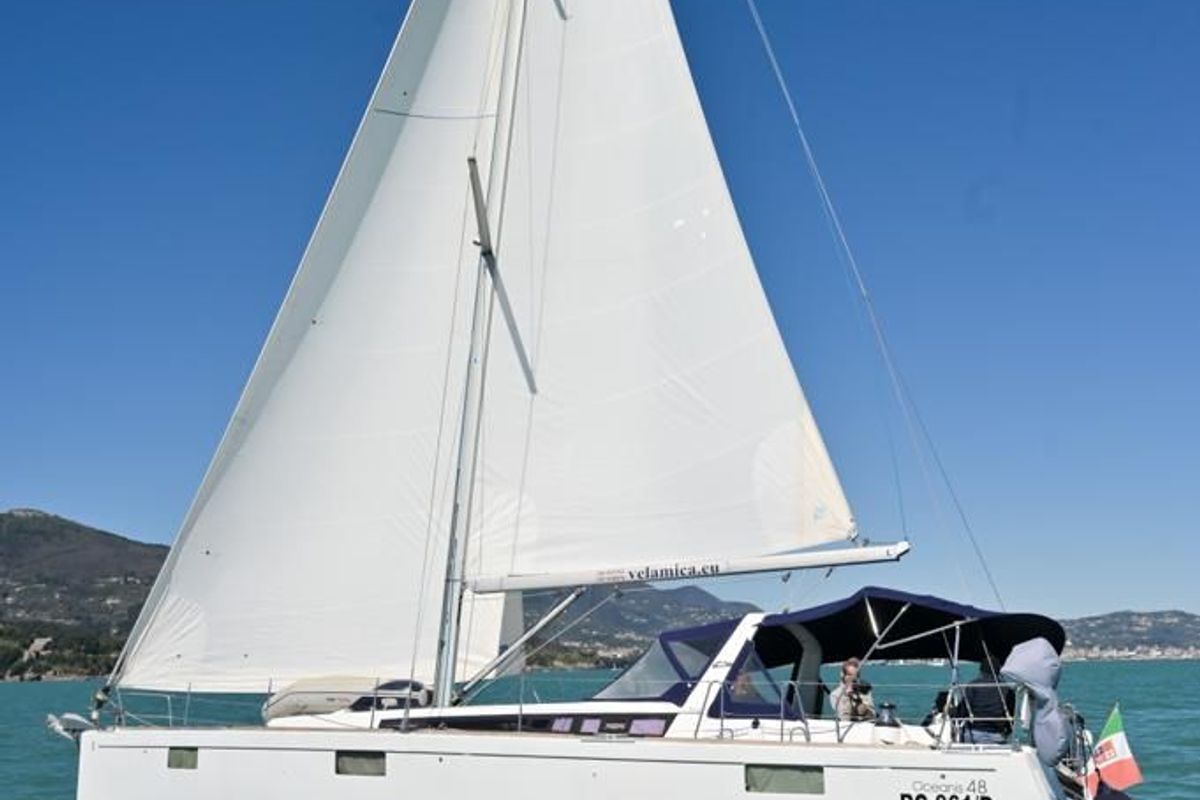 Exterior view of Sharel, a Beneteau Oceanis 48 sailboat at La Spezia, Italy