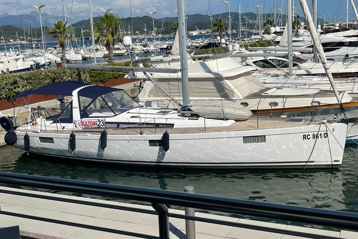 Exterior view of Sharel, a Beneteau Oceanis 48 sailboat at La Spezia, Italy