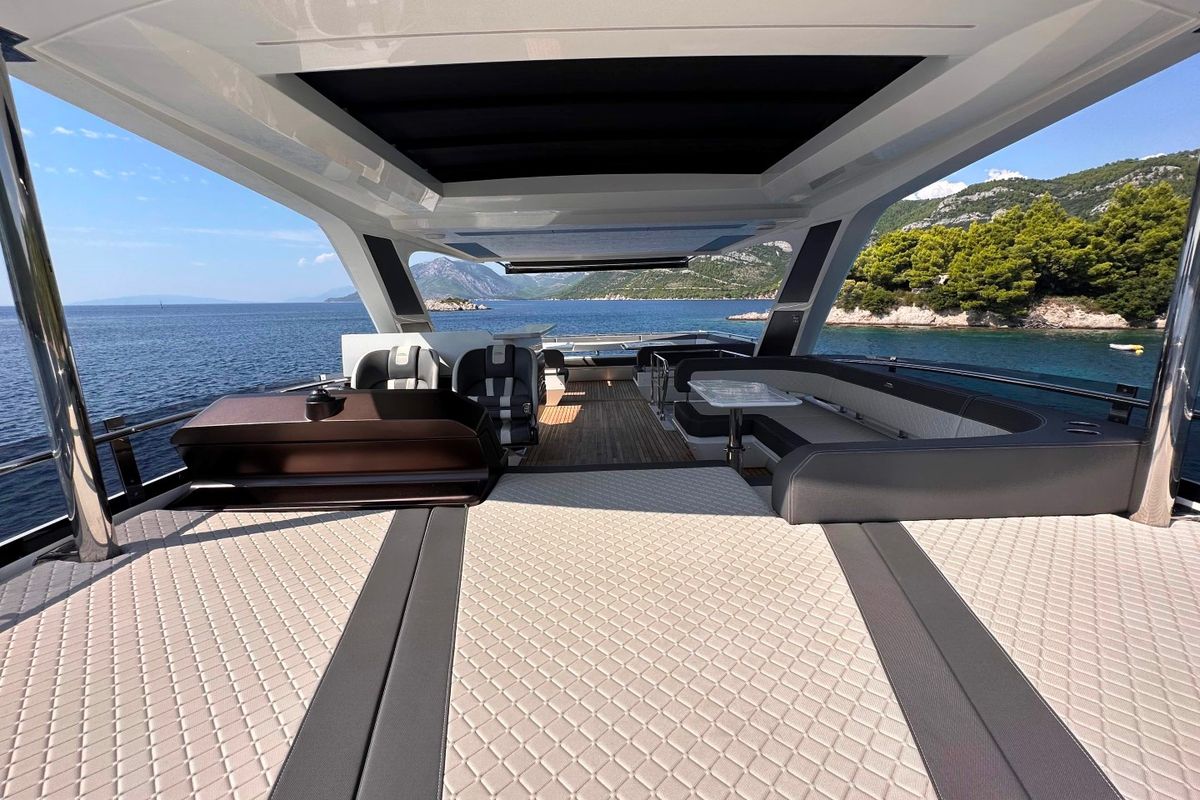 Deck of PARADISE, a Galeon 680 Fly yacht at Dubrovnik, Croatia
