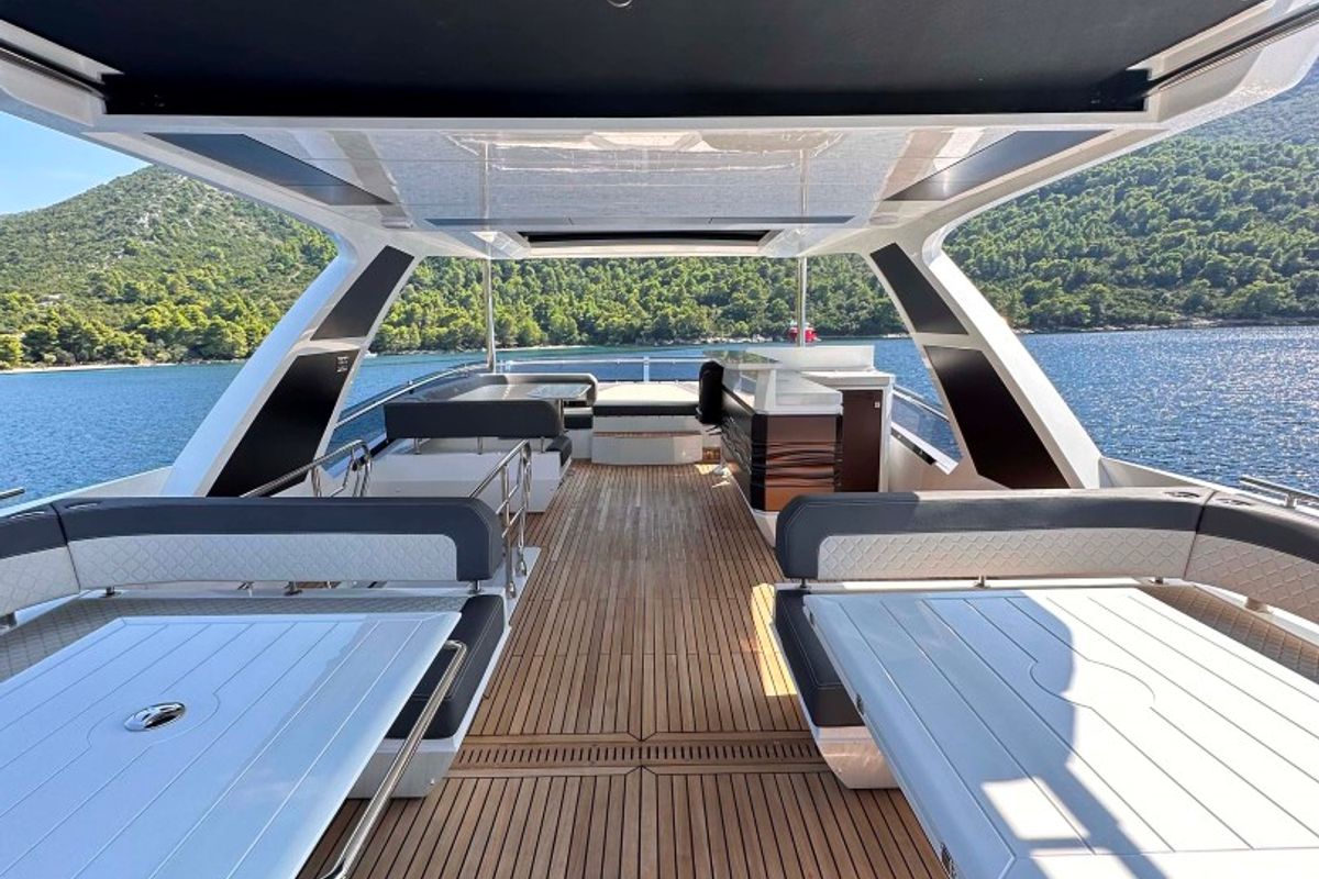 Deck of PARADISE, a Galeon 680 Fly yacht at Dubrovnik, Croatia