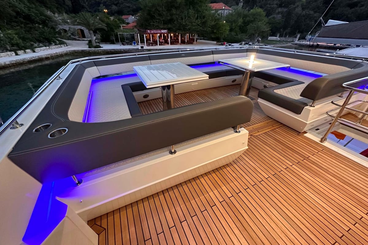 Deck of PARADISE, a Galeon 680 Fly yacht at Dubrovnik, Croatia
