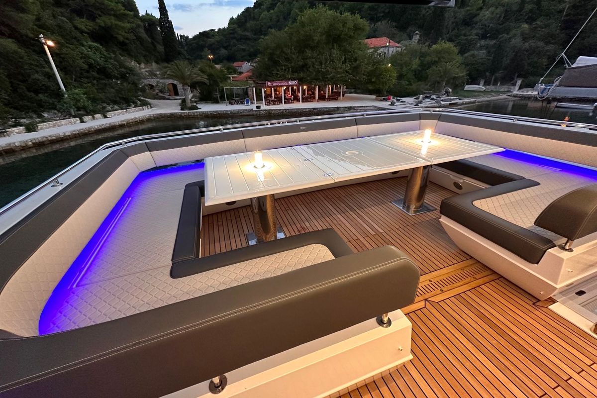Deck of PARADISE, a Galeon 680 Fly yacht at Dubrovnik, Croatia