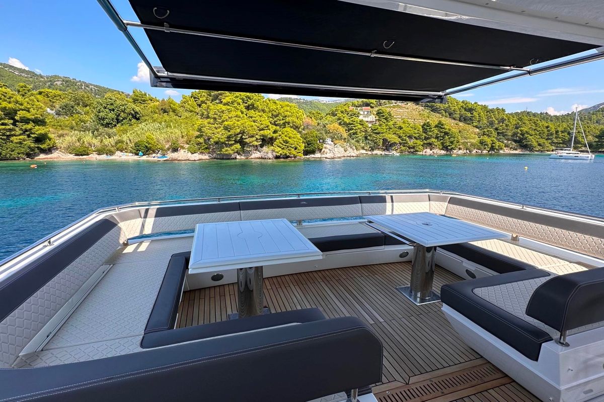 Deck of PARADISE, a Galeon 680 Fly yacht at Dubrovnik, Croatia