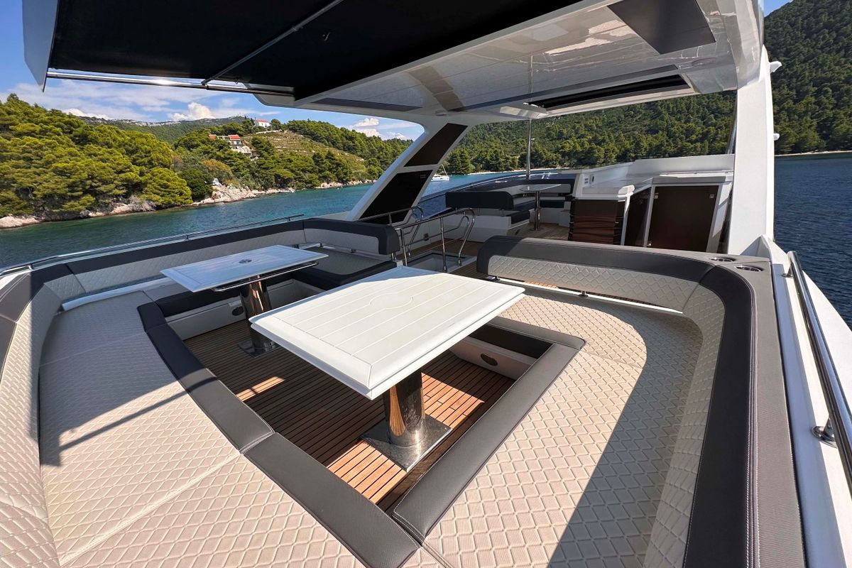 Deck of PARADISE, a Galeon 680 Fly yacht at Dubrovnik, Croatia