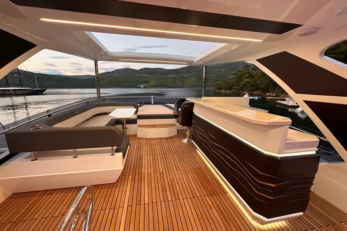 Deck of PARADISE, a Galeon 680 Fly yacht at Dubrovnik, Croatia
