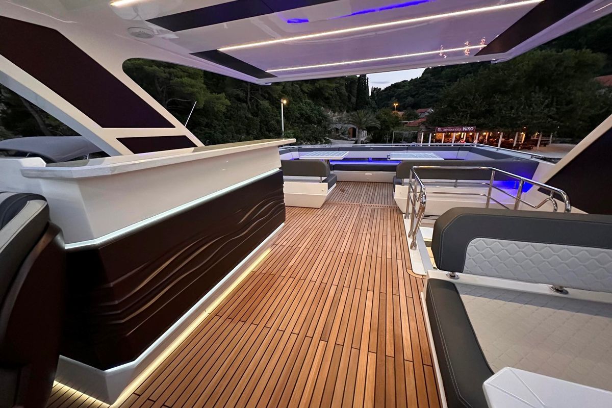 Deck of PARADISE, a Galeon 680 Fly yacht at Dubrovnik, Croatia