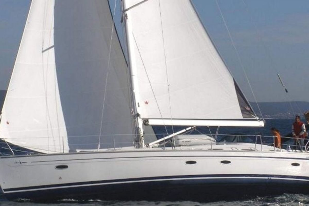 Exterior view of La Luna, a Bavaria 46 Cruiser sailboat at Municipal Unit of Lefkada, Greece