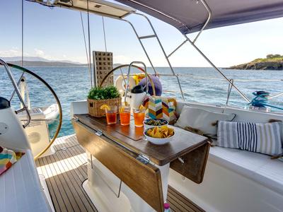 Deck of La Luna, a Bavaria 46 Cruiser sailboat at Municipal Unit of Lefkada, Greece