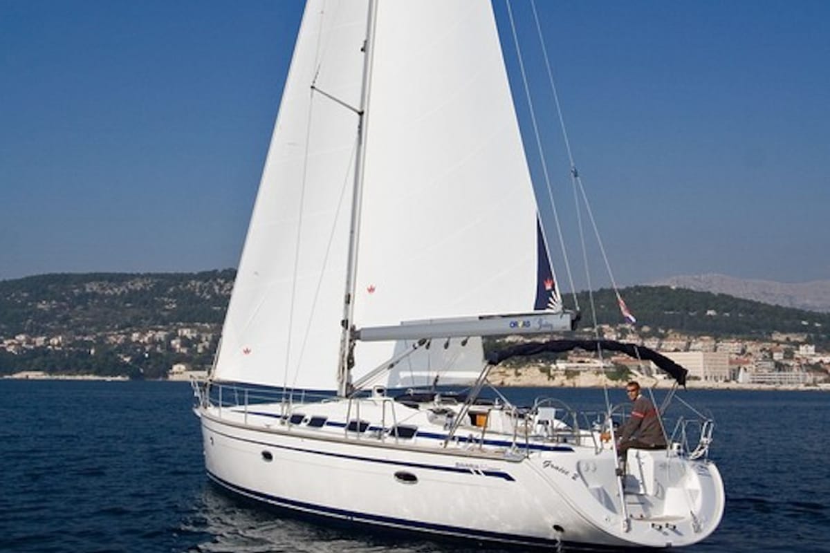 Exterior view of La Luna, a Bavaria 46 Cruiser sailboat at Municipal Unit of Lefkada, Greece