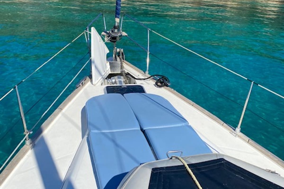 Deck of La Luna, a Bavaria 46 Cruiser sailboat at Municipal Unit of Lefkada, Greece