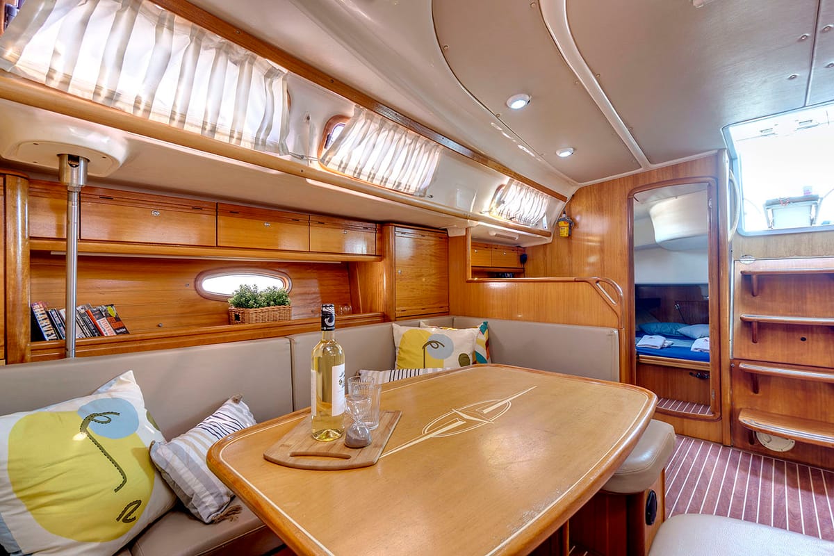 Salon of La Luna, a Bavaria 46 Cruiser sailboat at Municipal Unit of Lefkada, Greece
