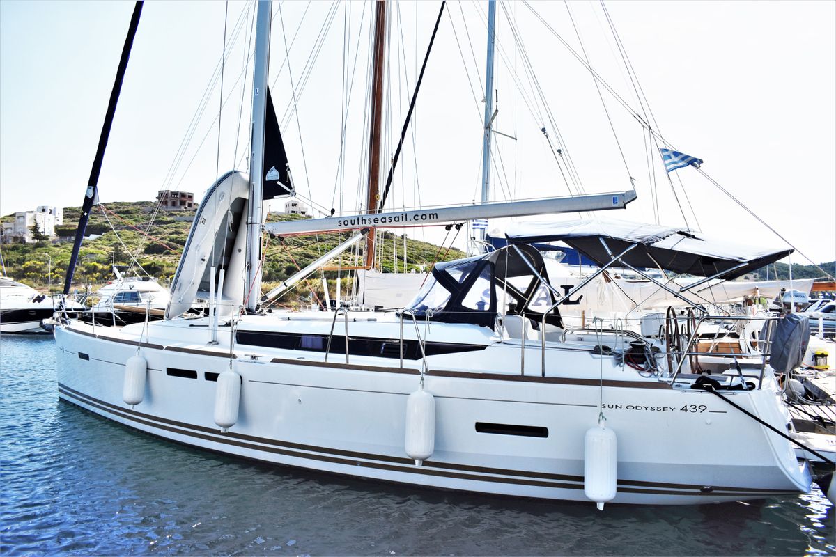 Exterior view of Kontiki, a Jeanneau Sun Odyssey 439 sailboat at Lavreotiki Municipal Unit, Greece