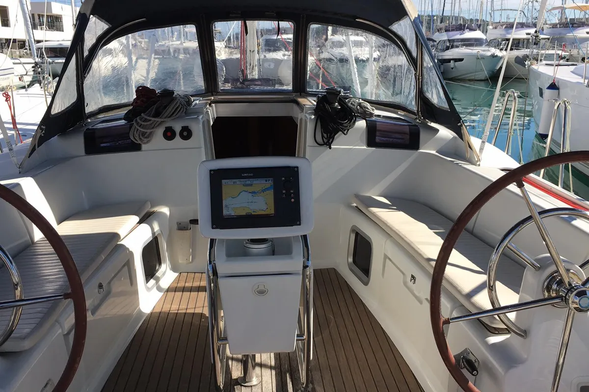 Cockpit of Kontiki, a Jeanneau Sun Odyssey 439 sailboat at Lavreotiki Municipal Unit, Greece