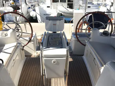 Cockpit of Kontiki, a Jeanneau Sun Odyssey 439 sailboat at Lavreotiki Municipal Unit, Greece