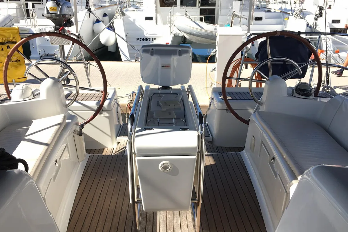 Cockpit of Kontiki, a Jeanneau Sun Odyssey 439 sailboat at Lavreotiki Municipal Unit, Greece