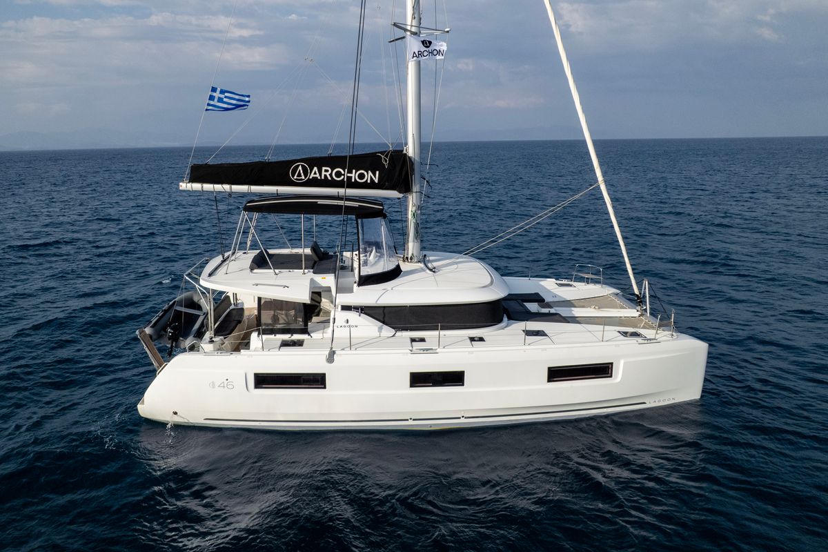 Exterior view of Xhenia, a Lagoon 46 catamaran at Municipal Unit of Rhodes, Greece