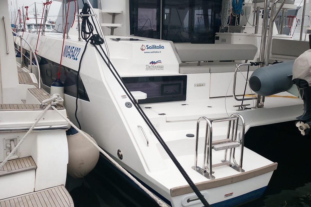 Exterior view of Mitsu, a Leopard 42 catamaran at Cannigione, Italy