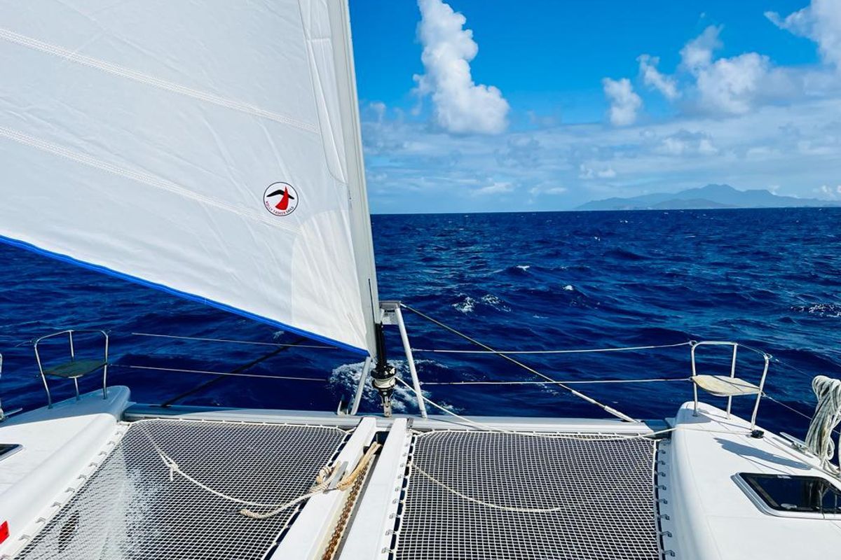 Deck of Belle, a Lagoon 450 Sport catamaran at Alameda, United States
