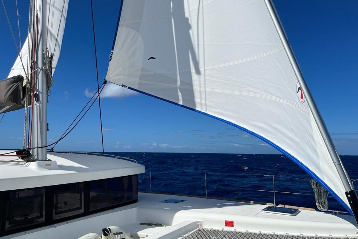 Deck of Belle, a Lagoon 450 Sport catamaran at Alameda, United States