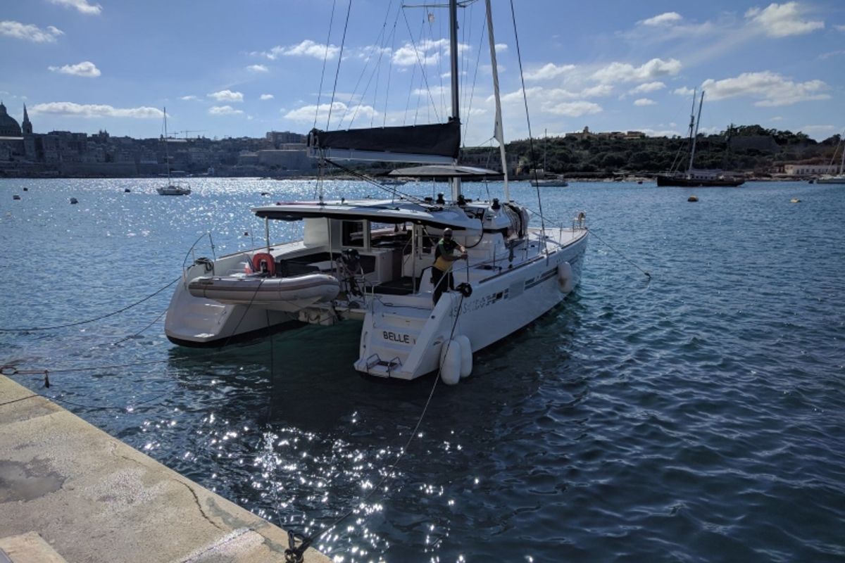 Exterior view of Belle, a Lagoon 450 Sport catamaran at Alameda, United States