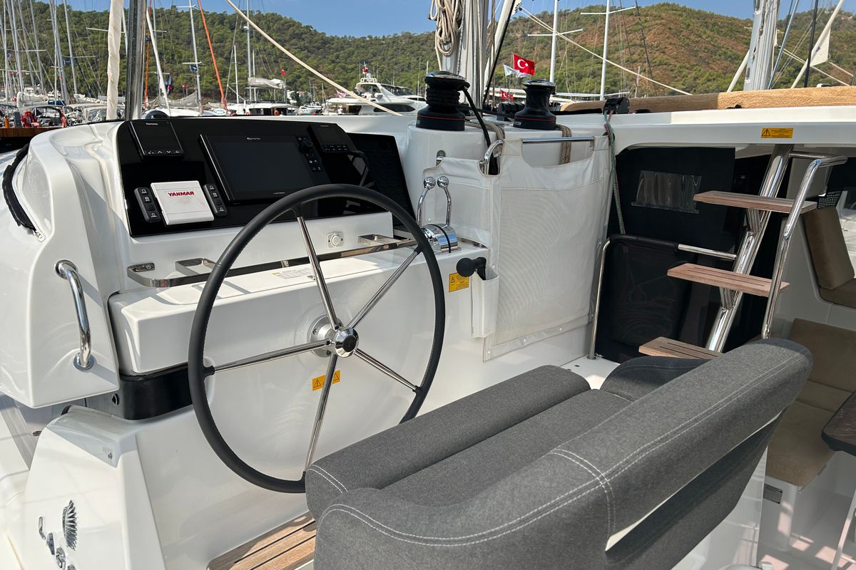 Cockpit of Kami, a Lagoon 42 catamaran at Fethiye, Turkey