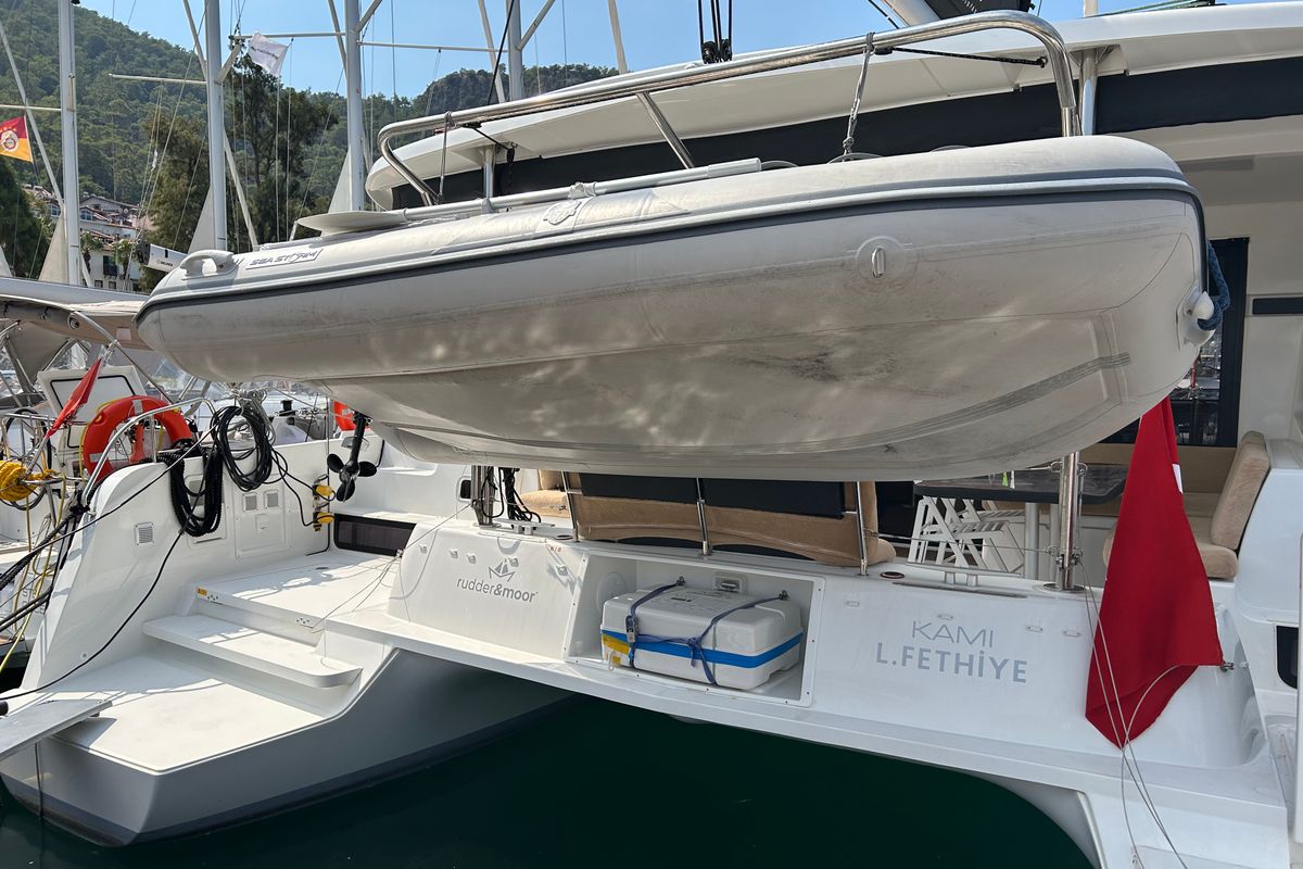 Exterior view of Kami, a Lagoon 42 catamaran at Fethiye, Turkey