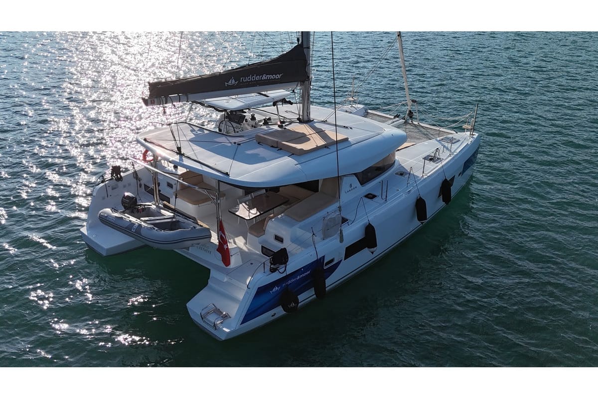 Exterior view of Kami, a Lagoon 42 catamaran at Fethiye, Turkey