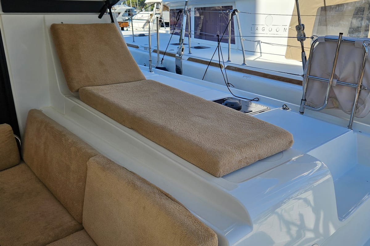 Deck of Kami, a Lagoon 42 catamaran at Fethiye, Turkey