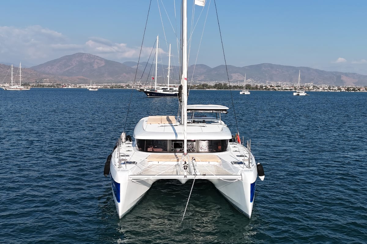 Exterior view of Kami, a Lagoon 42 catamaran at Fethiye, Turkey