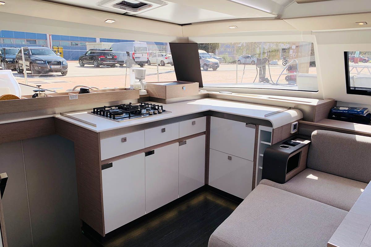 Galley of Nahoa, a Fountaine Pajot Elba 45 catamaran at Athens, Greece