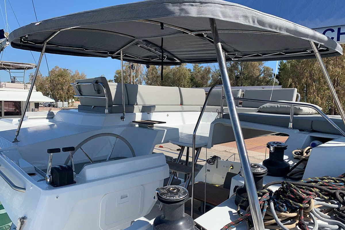 Deck of Nahoa, a Fountaine Pajot Elba 45 catamaran at Athens, Greece