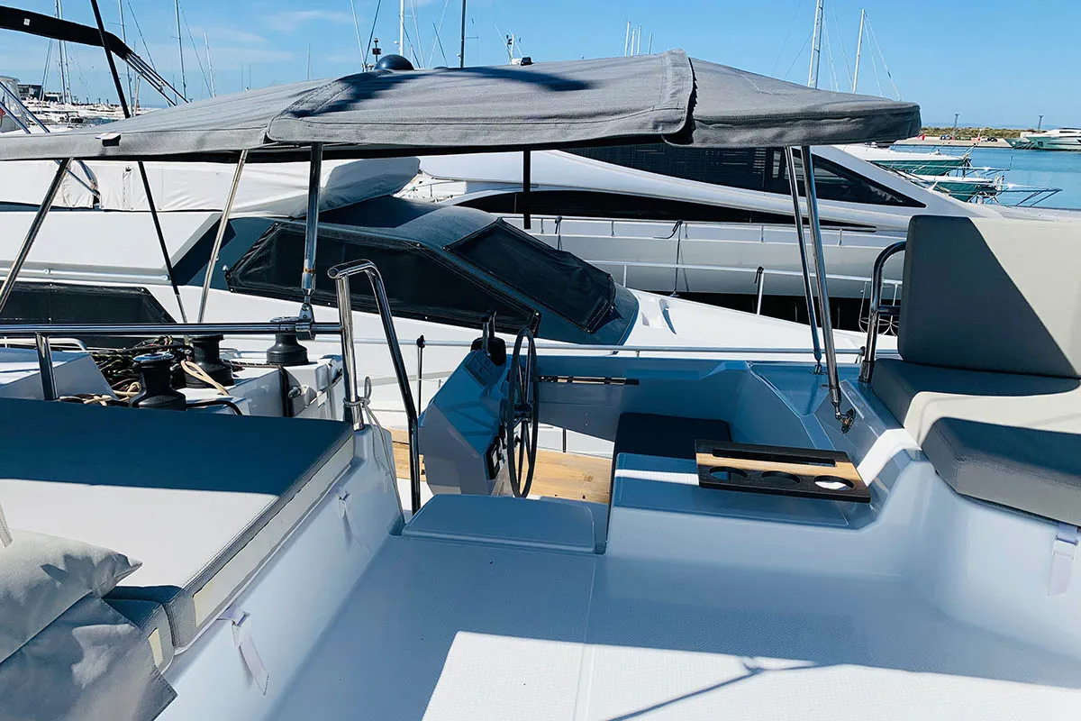 Cockpit of Nahoa, a Fountaine Pajot Elba 45 catamaran at Athens, Greece