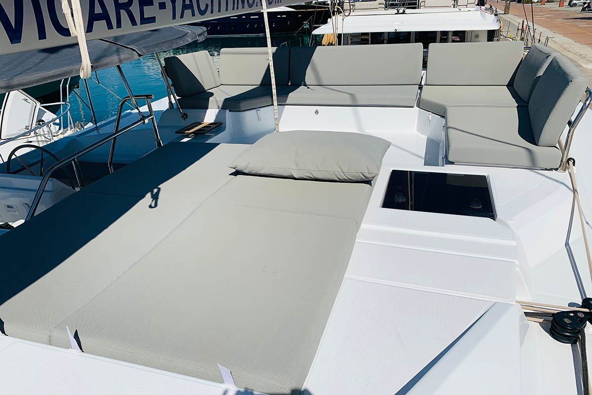 Deck of Nahoa, a Fountaine Pajot Elba 45 catamaran at Athens, Greece