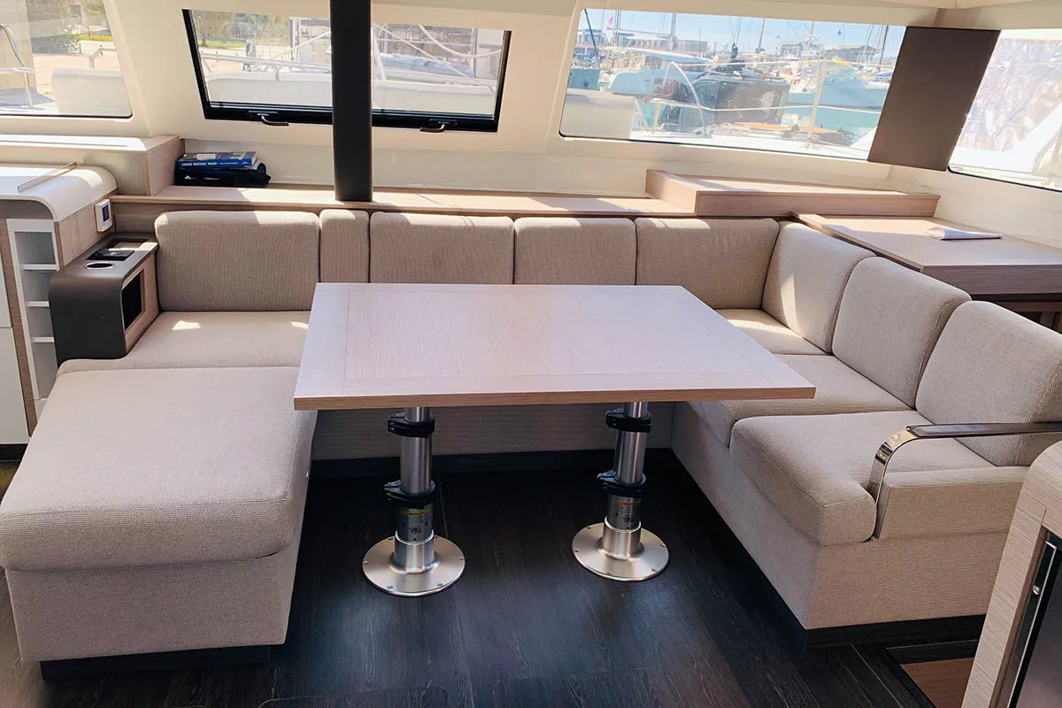 Salon of Nahoa, a Fountaine Pajot Elba 45 catamaran at Athens, Greece
