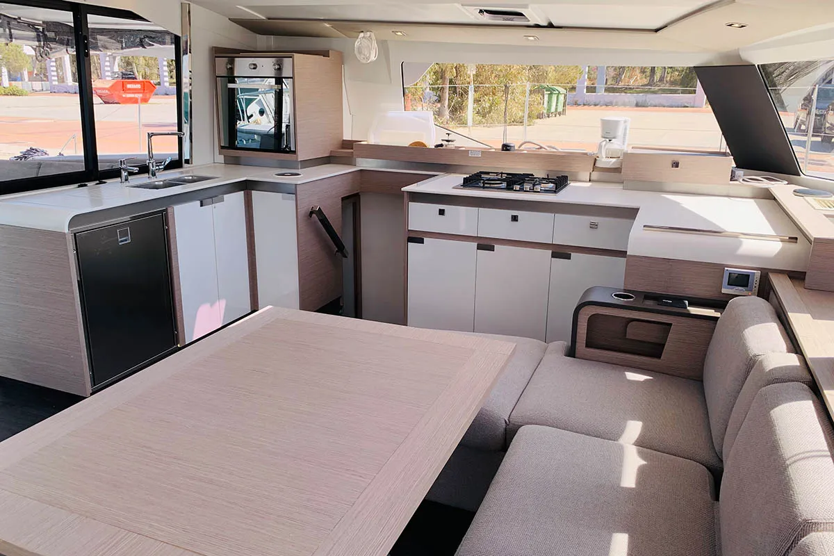 Salon of Nahoa, a Fountaine Pajot Elba 45 catamaran at Athens, Greece