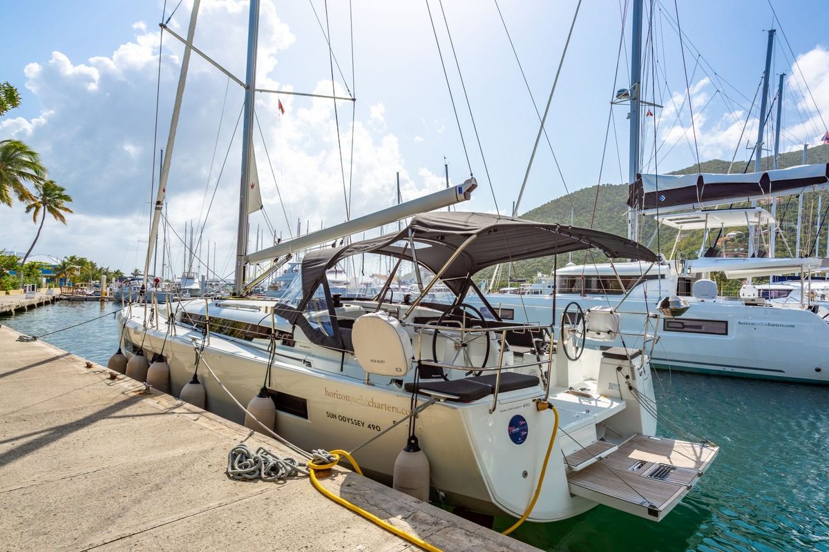 Exterior view of Cosette II, a Jeanneau Sun Odyssey 490 sailboat at Road Town, British Virgin Islands