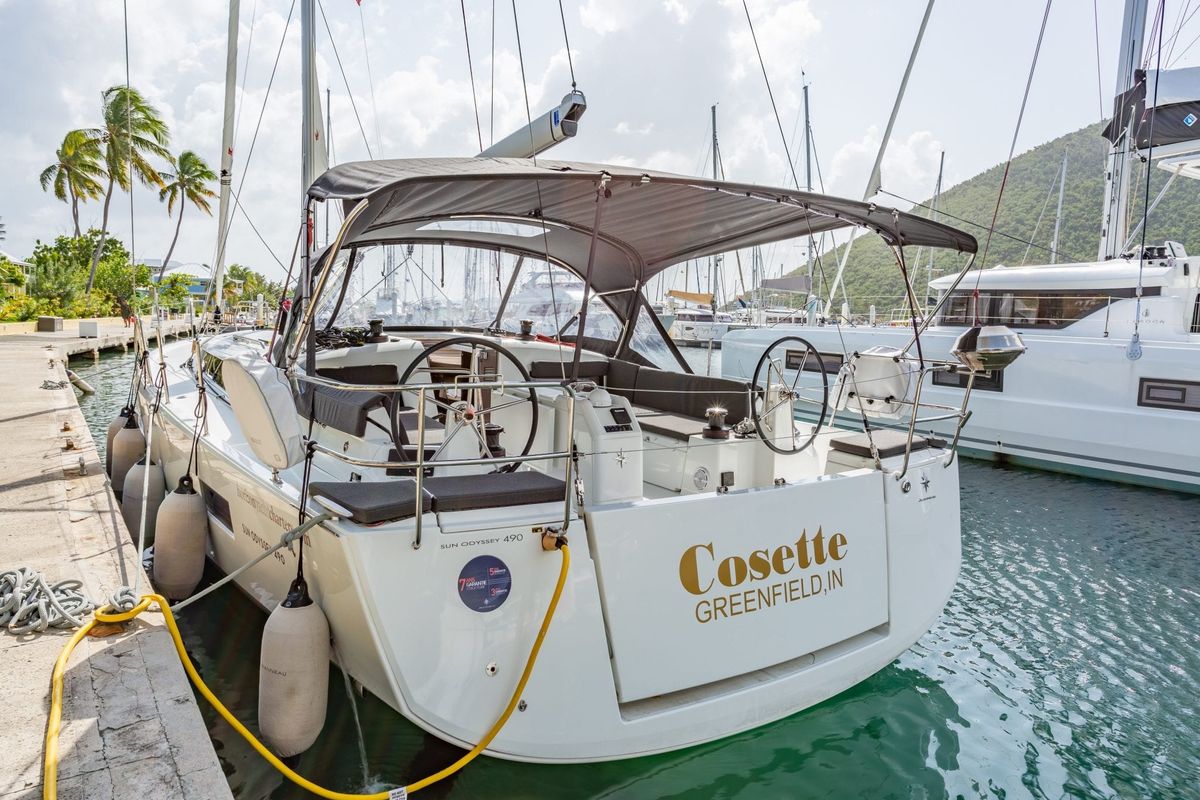 Exterior view of Cosette II, a Jeanneau Sun Odyssey 490 sailboat at Road Town, British Virgin Islands