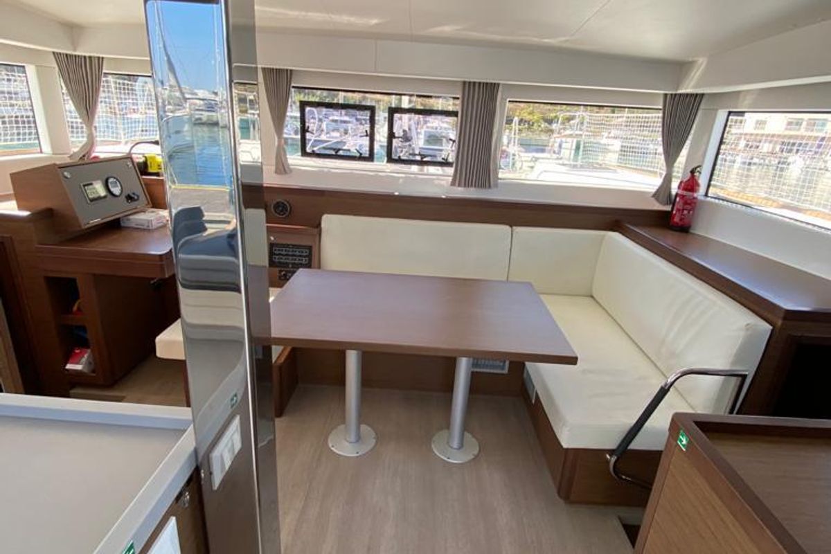 Salon of Felù, a Lagoon 40 catamaran at Capo d'Orlando, Italy