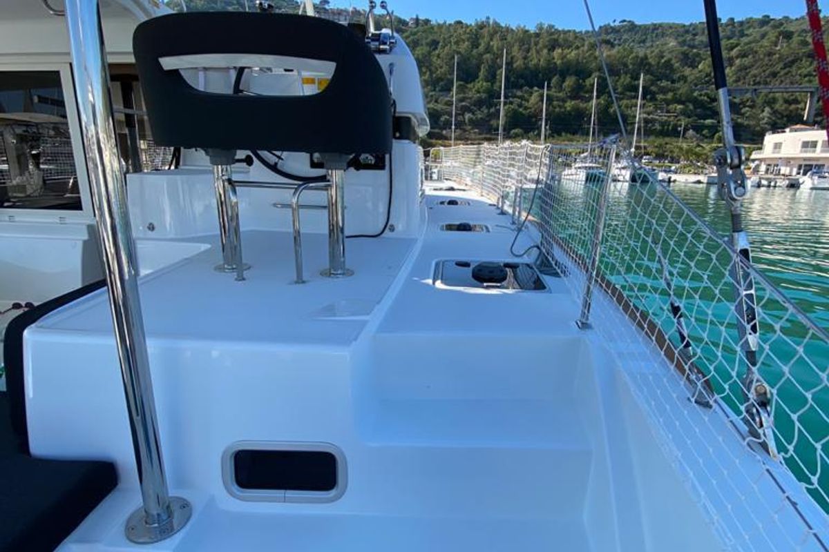 Deck of Felù, a Lagoon 40 catamaran at Capo d'Orlando, Italy