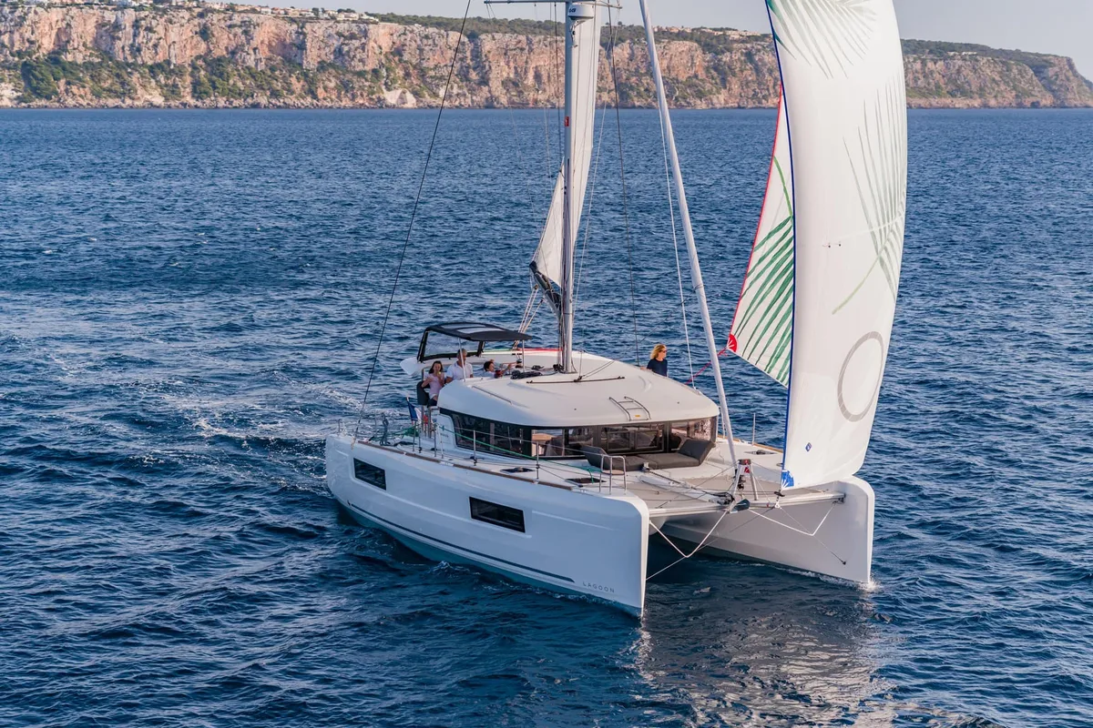 Exterior view of Felù, a Lagoon 40 catamaran at Capo d'Orlando, Italy