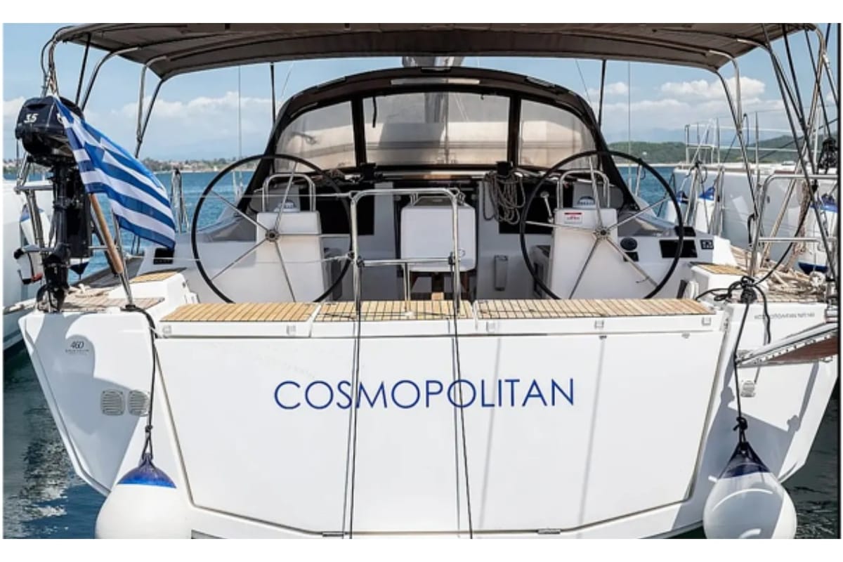 Cockpit of Cosmopolitan, a Dufour 460 Grand Large sailboat at Municipal Unit of Apollonioi, Greece