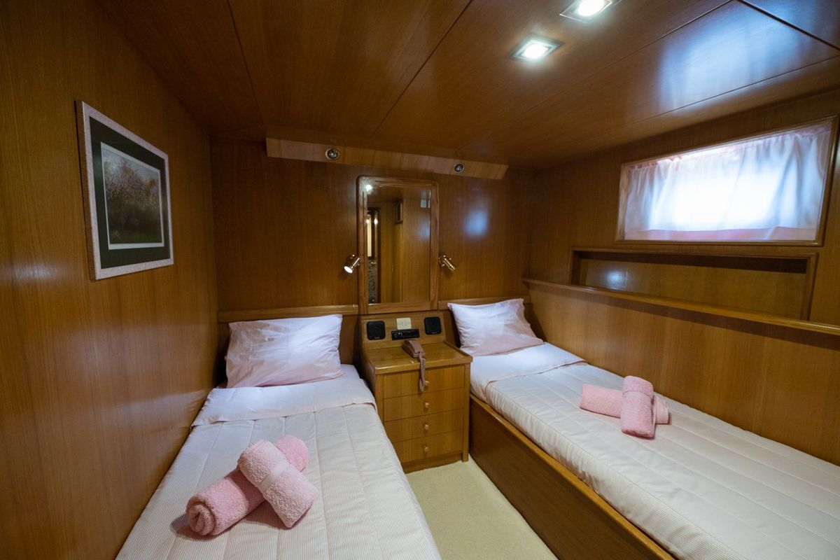 Cabin on Elena, a Perama Shipyard M/Y Elena yacht at Athens, Flisvos Delta marina, Greece